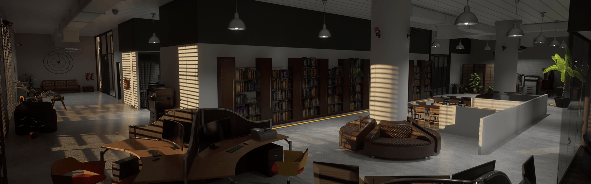 Virtuelle Universitätsbibliothek im Metaverse – immersives digitales Campus-Umfeld mit Lernbereichen und Bücherregalen