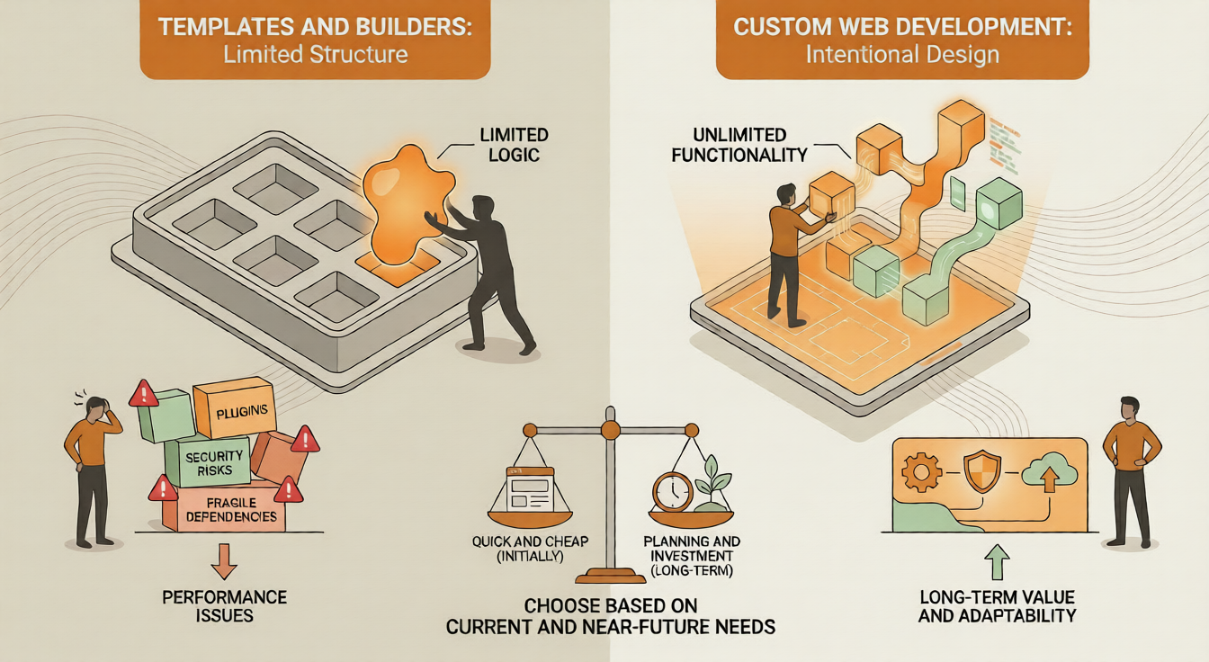 Comparison of templates and builders vs custom web development with long-term scalability and functionality