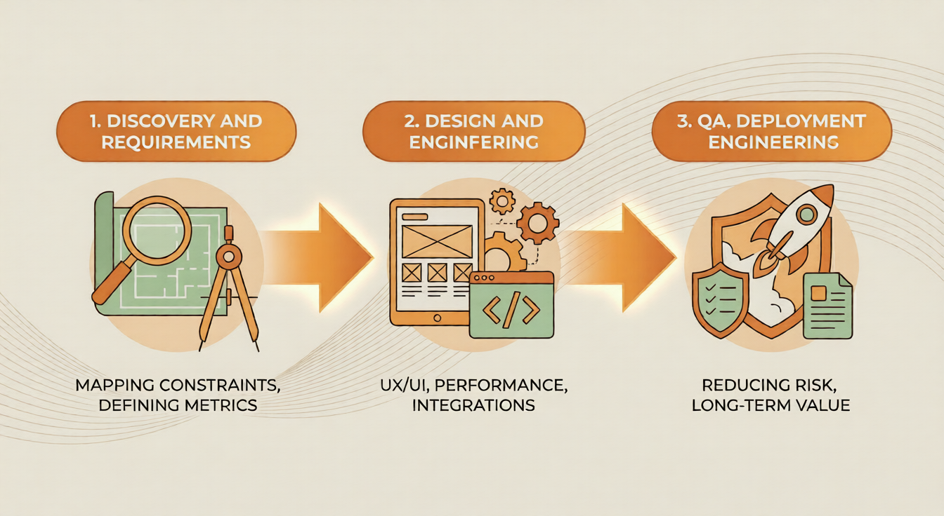 Custom web development process including discovery, design, engineering, QA, and deployment