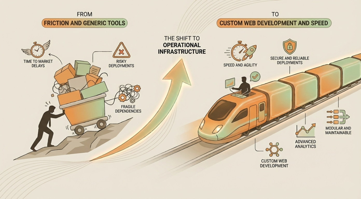 Shift from generic tools to custom web development for speed, reliability, and operational efficiency