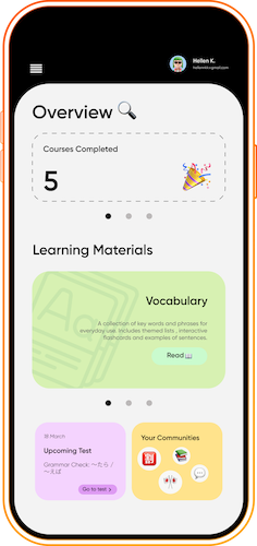 Mobile EdTech platform interface showing course progress, vocabulary materials, upcoming tests and student communities