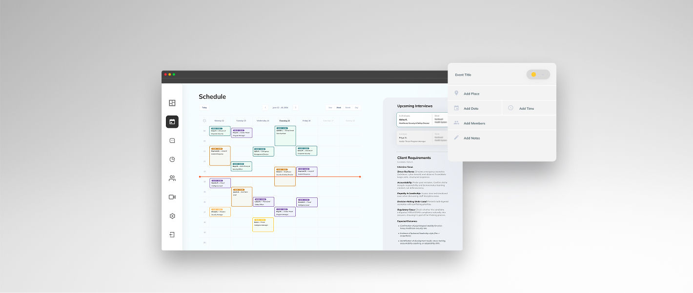 AI candidate assessment platform interface showing interview schedule, upcoming interviews, and client requirements