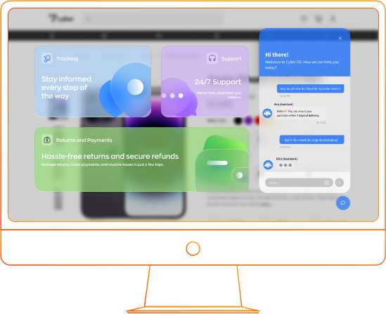 AI E-commerce assistant on desktop answering routine customer inquiries about delivery, returns, and support