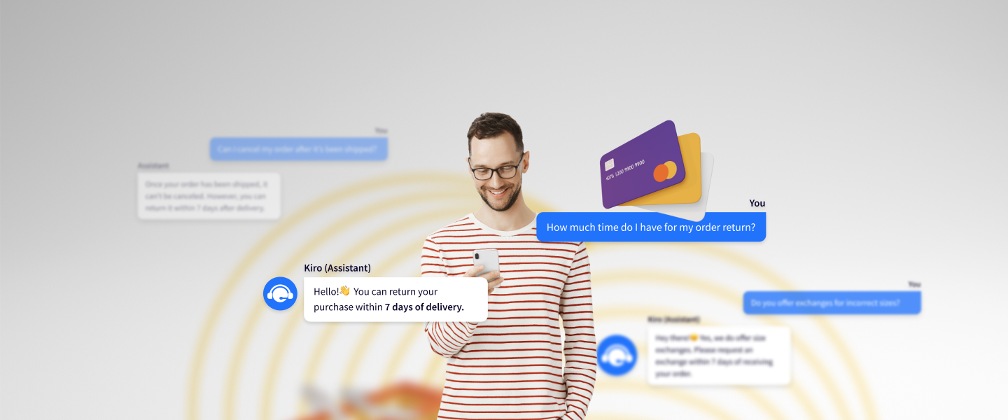Customer chatting with AI E-commerce assistant about order return via smartphone