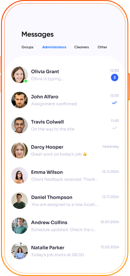 Mobile messaging interface for workforce communication between administrators and cleaners in a unified operations platform
