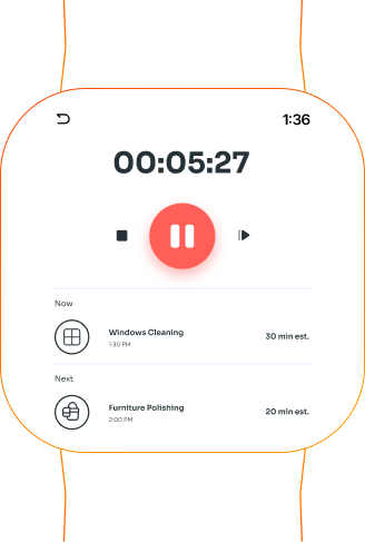 Smartwatch interface for cleaning services time tracking with automatic task logging and workforce activity monitoring