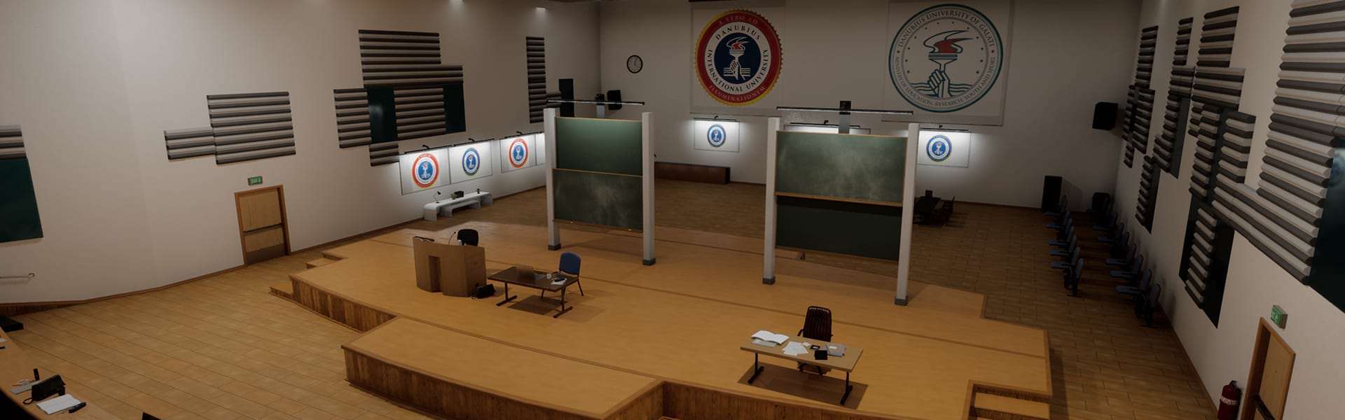 Virtual university lecture hall in the metaverse – immersive classroom with podium, blackboards and student seating