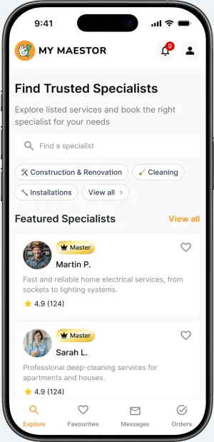 My Maestor home screen: search, service categories and featured specialists