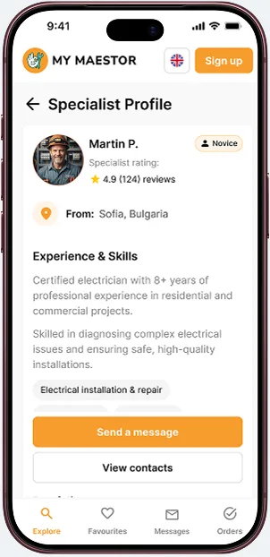 My Maestor specialist profile with rating, location, experience and skills